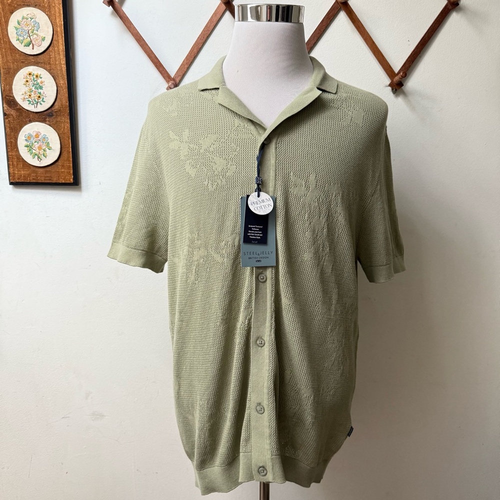 NWT Jacquard Textured Knit Crochet Button Up Shirt